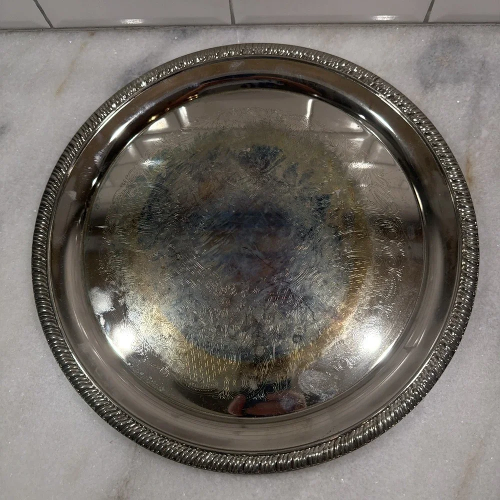 Vintage Silver Plated Etched Serving Tray 12in OLA001